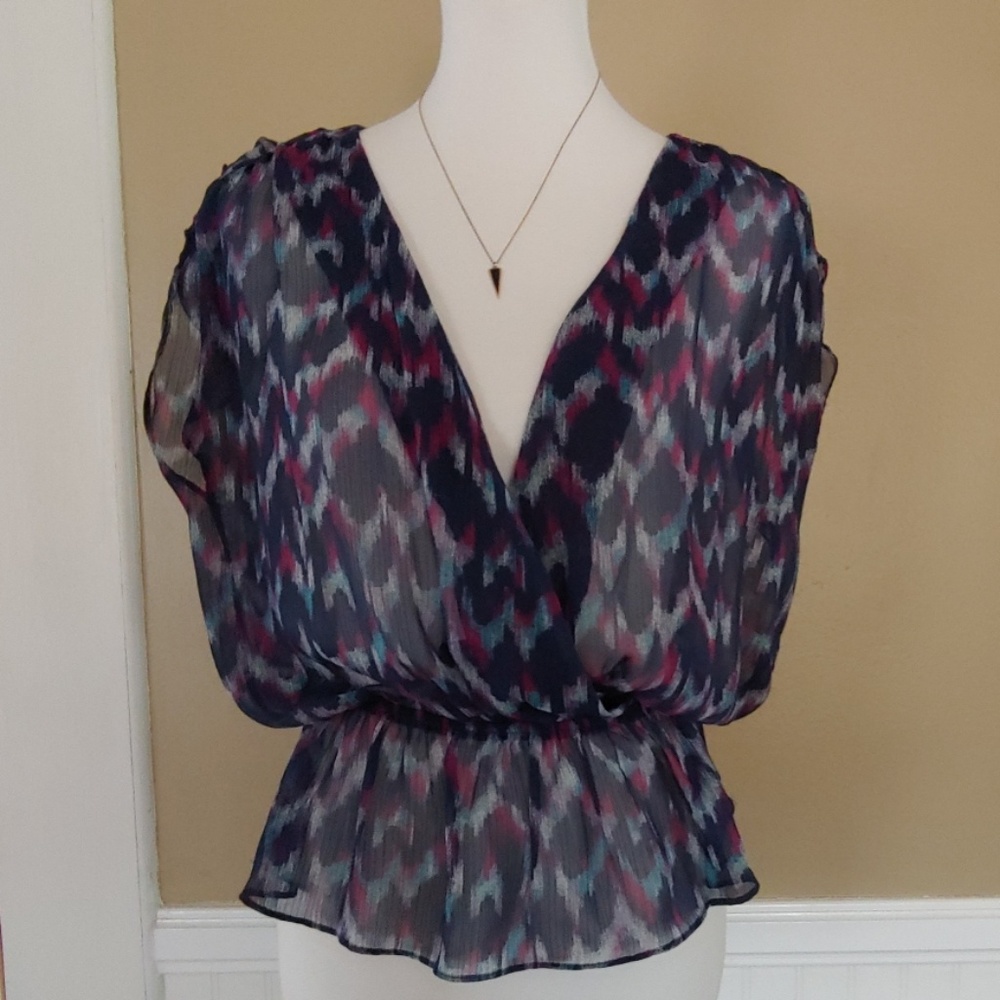 5/$35 3/$25 a.n.a. DEEP V-NECK SHEER BLOUSE BLUE